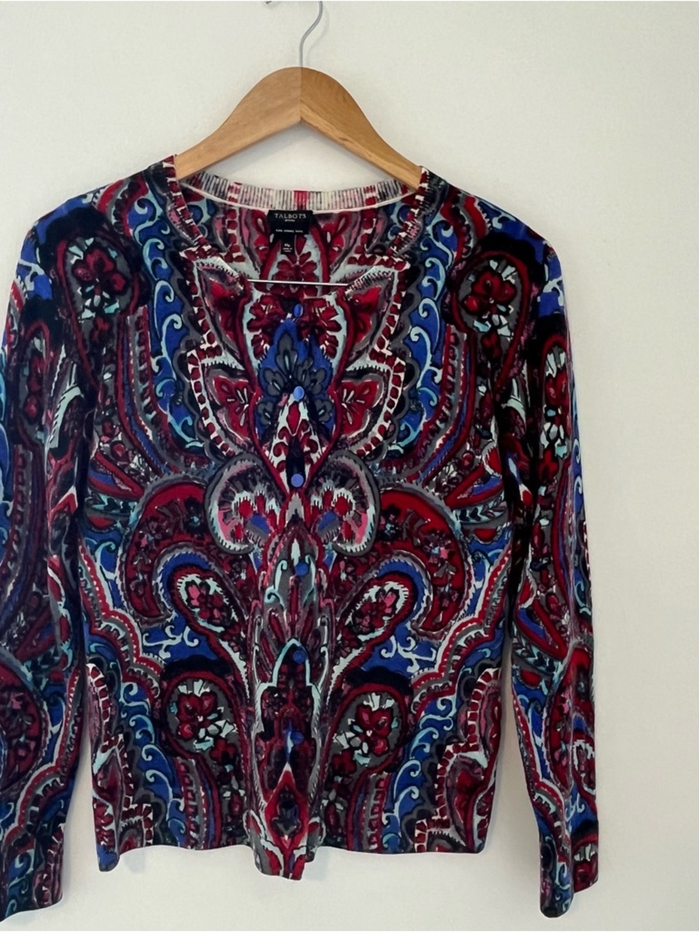 Talbots Red, Blue and Black 100% Merino WoolPaisley Long-Sleeve Knit cardigan